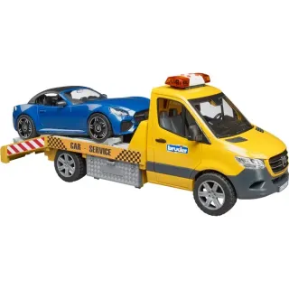 bruder 02675 MB Sprinter Autotransporter mit Light & Sound Modul , Modellfahrzeug (orange/blau, Inkl. Roadster)