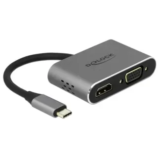 DeLOCK USB 3.2 Gen 1 Adapter, USB-C Stecker > USB-A + USB-C + HDMI + VGA Buchse (grau, 12cm, PD, Laden mit bis zu 87 Watt)