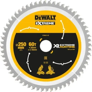 DEWALT Kreissägeblatt XR EXTREME RUNTIME DT99573, Ø 250mm, 60Z (Bohrung 30mm, für Akku-Paneelsägen)