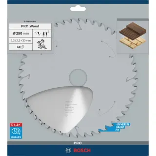 Bosch Professional PRO Wood Kreissägeblatt, Ø 250mm, 60Z (Bohrung 30mm, für Kapp- & Gehrungssägen)