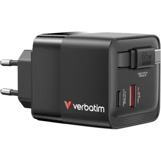 Verbatim GaN-Ladegerät 65W, 1x USB-A , 2x USB-C, ausziehbares Kabel (schwarz, PD 3.0, QC 3.0)