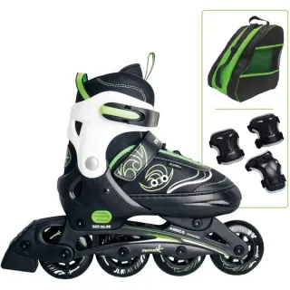 Muuwmi Verstellbare Kinderinliner Gr. 33-36, Inline-Skates (grün/schwarz, inkl. Protektoren-Set Gr. S)