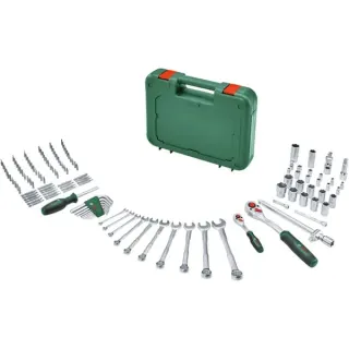 Bosch Heimwerken & Garten Advanced Werkzeugkoffer, 132-teilig, Steckschlüssel (grün, mit 2 Umschaltknarren 1/4" und 1/2")