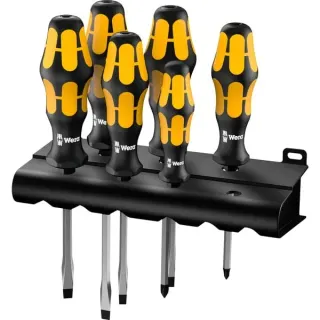 Wera 932 S/6 Schraubendrehersatz Kraftform + Rack, 6-teilig (schwarz/gelb, Kraftform-Griff, Schlagkappe)