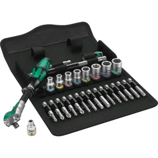 Wera 8100 SA 9 Zyklop Speed-Knarrensatz, zöllig, 1/4", Werkzeug-Set (schwarz/grün, 28-teilig, Speed-Knarre mit schwenkbarem Kopf)