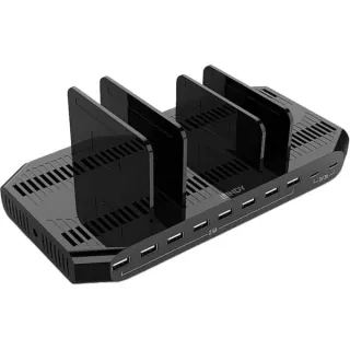 Lindy 120W 10 Port USB-Ladestation, 8x USB-A + 2x USB-C (schwarz/grau, QC 3.0, Samsung AFC, gleichzeitiges Laden von 10 Tablets / Smartphones)