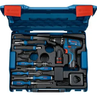 Bosch Professional Akku-Bohrschrauber GSR 12V-15 Professional Set, 12Volt (blau/schwarz, 2x Li-Ionen Akku 2,0Ah, 8-teiliges Handwerkzeug-Sortiment, L-BOXX)