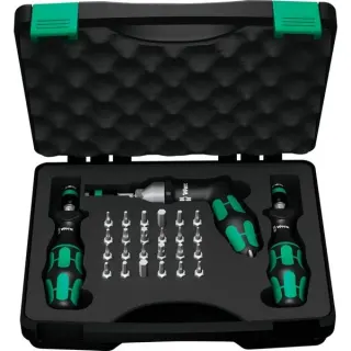 Wera 7440/41/42 Kraftform Drehmomentschraubendreher-Satz 0,3-6,0Nm (schwarz/grün, 27-teilig, mit Rapidaptor Schnellwechselfutter)
