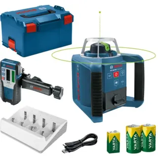 Bosch Professional Rotationslaser GRL 300 HVG Professional, mit Halterung (blau/schwarz, grüne Laserlinie, mit Laser-Empfänger LR 1, VARTA Ladegerät + Akkus, in L-BOXX)
