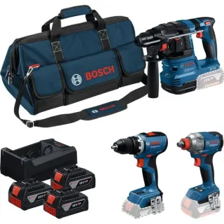 Bosch Professional 18V Profi-Set Bohrhammer GBH 18V-22 + Bohrschrauber GSR 18V-65 + Schlagschrauber GDX 18V-285 (blau/schwarz, 3x Li-Ionen Akku 5,0Ah, Werkzeugtasche)