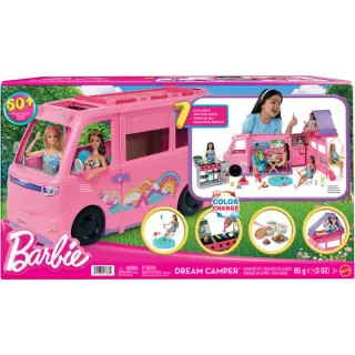 Mattel Barbie Super Abenteuer-Camper Spielset, Spielfahrzeug (mit Dachzelt, Grill mit Farbwechseleffekt und 60 Zubehörteilen)