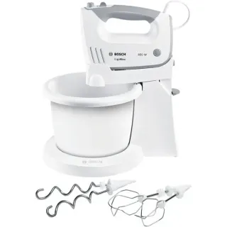 Bosch Home Handmixer ErgoMixx standn'bowl MFQ36460 (weiß/grau, 450 Watt, mit Schüssel und Geräteständer)