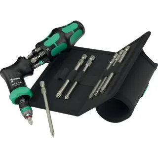 Wera Kraftform Kompakt Pistol RA-R 2, Bit-Satz (schwarz/grün, 13-teilig, 1/4", mit Ratschenfunktion und Rapidaptor Schnellwechselfutter)