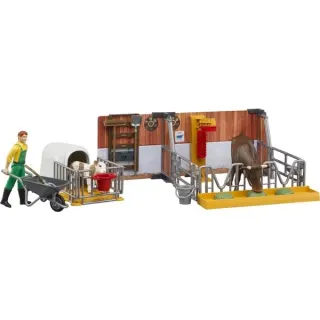 bruder 62611 bworld Kuh- und Kälberstall mit Landwirt, Kulisse (mehrfarbig)