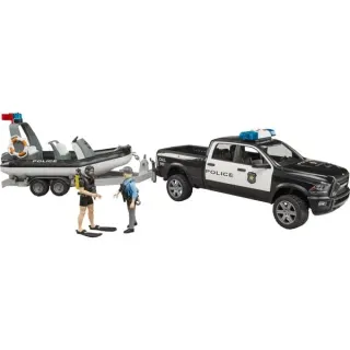 bruder 02507 RAM 2500 Polizei Pickup, L+S Modul, Anhänger mit Boot, Modellfahrzeug (schwarz/weiß, Inkl. 2 Figuren)