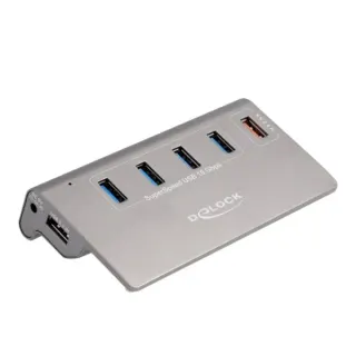 DeLOCK USB 10 Gbps Hub mit 4 USB Typ-A Ports + 1 Schnellladeport, USB-Hub (grau, inkl. Netzteil)