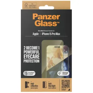 PanzerGlass EyeCare Displayschutz Ultra-Wide Fit, Schutzfolie (transparent, iPhone 15 Pro Max, EasyAligner)