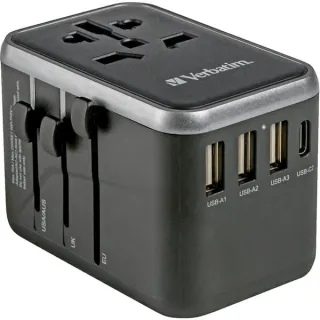 Verbatim Universal-Reiseadapter UTA-04, Reisestecker (schwarz/silber, 3x USB-A, 2x USB-C)