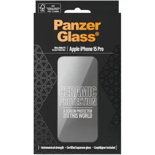 PanzerGlass Ceramic Displayschutz Ultra-Wide Fit, Schutzfolie (transparent, iPhone 15 Pro, EasyAligner)