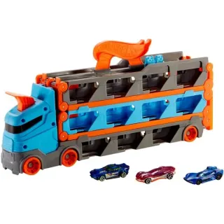 Hot Wheels 2-in-1 Rennbahn-Transporter mit 3 Fahrzeugen im Maßstab 1:64, Spielfahrzeug (blau/orange)