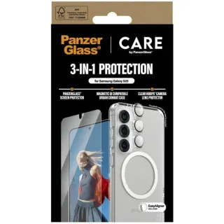 PanzerGlass Flagship 3-in-1 Set (transparent/weiß, Samsung Galaxy S25, QI-kompatibel, EasyAligner)