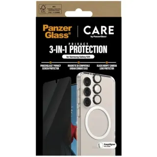 PanzerGlass Flagship 3-in-1 Privacy Set (transparent/weiß, Samsung Galaxy S25, QI-kompatibel, EasyAligner)