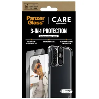PanzerGlass Flagship 3-in-1 Set (transparent/weiß, Samsung Galaxy A36 5G, QI-kompatibel, EasyAligner)