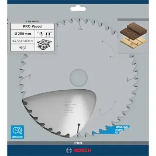 Bosch Professional PRO Wood Kreissägeblatt, Ø 250mm, 40Z (Bohrung 30mm, für Tischkreissägen)