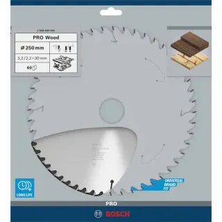 Bosch Professional PRO Wood Kreissägeblatt, Ø 250mm, 60Z (Bohrung 30mm, für Tischkreissägen)