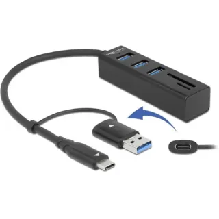 DeLOCK 3 Port USB 3.2 Gen 1 Hub + SD und Micro SD Card Reader mit USB Type-C oder USB Typ-A Anschluss, USB-Hub