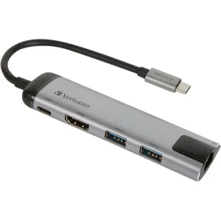 Verbatim USB 3.2 Gen 1 Multiport-Hub, USB-C Stecker > 2x USB-A + USB-C Buchse + HDMI-Buchse + RJ-45 Buchse, USB-Hub (silber/schwarz, PD, Laden mit bis zu 100 Watt)