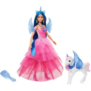 Mattel Barbie Saphire Puppe mit Einhorn (mit blauen Haaren und pinkfarbenem Kleid)