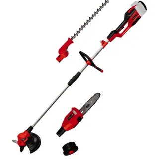 EINHELL Akku-Multifunktions-Werkzeug GE-LM 36/4in1 Li-Solo, 36Volt (2x18V), Rasentrimmer (rot/schwarz, ohne Akku und Ladegerät, 4in1: Motorsense, Heckenschere, Hochentaster)