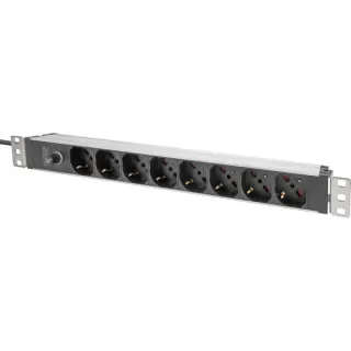 Digitus 19" Steckdosenleiste mit Aluminiumprofil, 8-fach italienischer Ausgang, 1HE (rot/aluminium, 2 Meter Kabel, Vorsicherung 10A, IEC C14-Stecker)