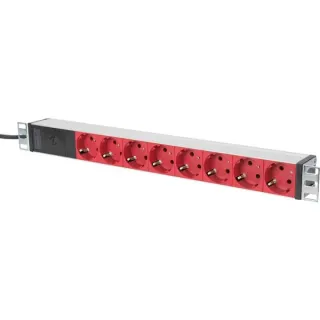 Digitus 19" Steckdosenleiste mit Aluminiumprofil, 8-fach, 1HE (rot/aluminium, 2 Meter Kabel, IEC C14-Stecker)
