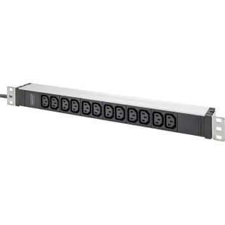 Digitus Steckdosenleiste 19" PDU mit Aluminiumprofil, 12-fach C13 (schwarz/aluminium, 2 Meter Kabel, 1 HE, 1-phasig 16A, Schutzkontaktstecker)
