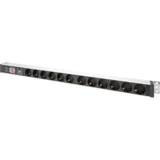 Digitus Steckdosenleiste PDU mit Aluminiumprofil, 12-fach (schwarz/aluminium, 2 Meter Kabel, 1 HE, mit Schalter und Überspannungsschutz)