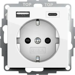 Gira Schutzkontaktsteckdose Typ F 16 Ampere 250 Volt mit USB-Spannungsversorgung, 2-fach (weiß (glänzend), Retail)