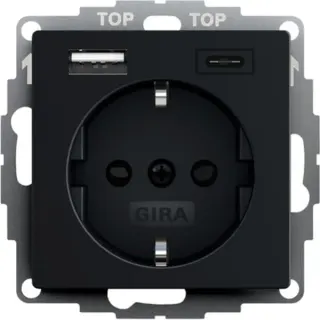 Gira Schutzkontaktsteckdose Typ F 16 Ampere 250 Volt mit USB-Spannungsversorgung, 2-fach (schwarz (matt), Retail)