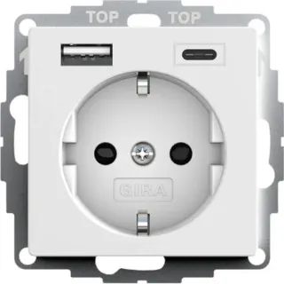 Gira USB-Spannungsversorgung mit Schutzkontaktsteckdose Typ F 16 Ampere 250 Volt, 2 USB-Ausgänge Typ A und Typ C (weiß (matt), Retail)