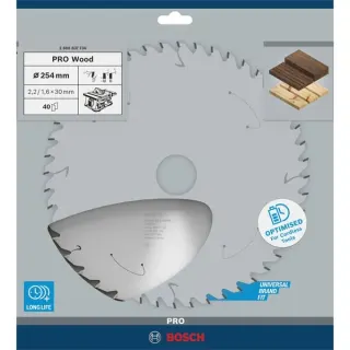 Bosch Professional PRO Wood cordless Kreissägeblatt, Ø 254mm, 40Z (Bohrung 30mm, für Akku-Tischkreissägen)