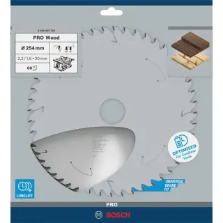Bosch Professional PRO Wood cordless Kreissägeblatt, Ø 254mm, 60Z (Bohrung 30mm, für Akku-Tischkreissägen)