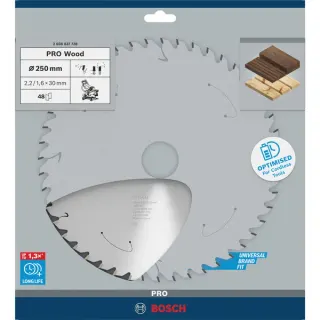 Bosch Professional PRO Wood cordless Kreissägeblatt, Ø 250mm, 48Z (Bohrung 30mm, für Akku-Kappsägen)
