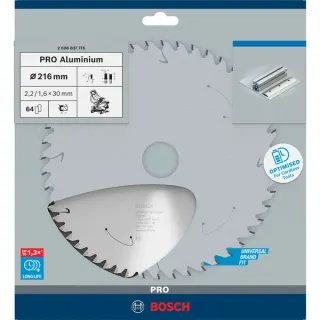 Bosch Professional PRO Aluminium cordless Kreissägeblatt, Ø 216mm, 64Z (Bohrung 30mm, für Akku-Kappsägen)