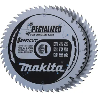 Makita Kreissägeblatt EFFICUT B-57336-2, Ø 165mm, 56Z (2 Stück, Bohrung 20mm, für Akku-Sägen)