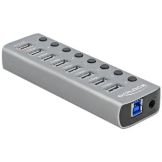 DeLOCK USB 3.2 Gen 1 Hub mit 7 Ports + 1 Schnellladeport + 1 USB-C PD 3.0 Port , USB-Hub (grau, mit Schalter und Beleuchtung)