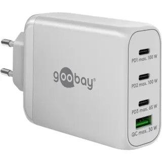 goobay USB-C PD Multiport-Schnellladegerät 100 Watt (weiß, 1x USB-A QC, 3x USB-C PD, GaN-Technologie)