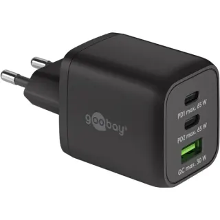 goobay USB-C Schnellladegerät Nano, PD, GaN, 65 Watt (schwarz, 1x USB-A, 2x USB-C PD, Charge 3.0)
