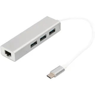 Digitus USB 3.2 Gen 1 Multiport-Hub, USB-C Stecker > 3x USB-A Buchse + RJ-45 Buchse, USB-Hub (weiß/silber, 20cm, Gigabit LAN)