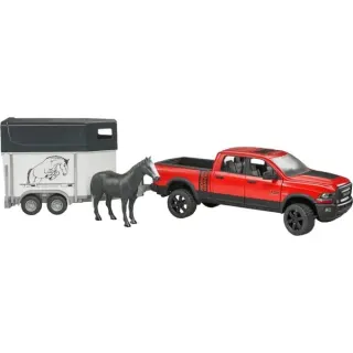 bruder 02501 RAM 2500 Power Wagon mit Pferdeanhänger, Modellfahrzeug (rot/weiß, und Pferd)